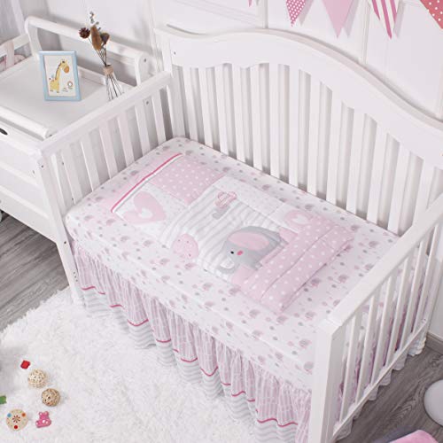 La Premura Baby Elephant Nursery Crib Bedding Set for Girls – Pink Elephant & Love Balloons 3-Piece Standard Size Crib Set, Pink & Gray