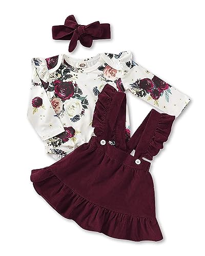 Baby Girl Newborn Outfits 6 Months Girl Clothes Floral Long Sleeve Jumpsuit Burgundy Ruffle Suspender Skirt Toddler Overall Dress 0-6 Months