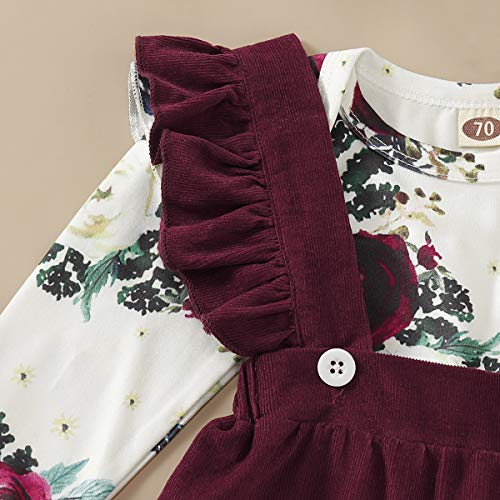 Baby Girl Newborn Outfits 6 Months Girl Clothes Floral Long Sleeve Jumpsuit Burgundy Ruffle Suspender Skirt Toddler Overall Dress 0-6 Months