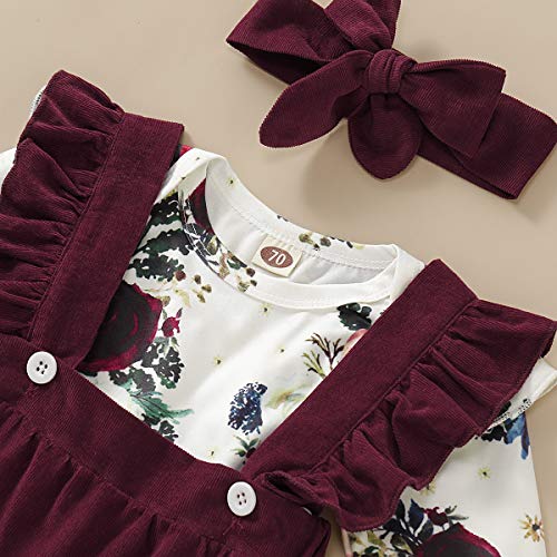 Baby Girl Newborn Outfits 6 Months Girl Clothes Floral Long Sleeve Jumpsuit Burgundy Ruffle Suspender Skirt Toddler Overall Dress 0-6 Months