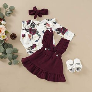 Baby Girl Newborn Outfits 6 Months Girl Clothes Floral Long Sleeve Jumpsuit Burgundy Ruffle Suspender Skirt Toddler Overall Dress 0-6 Months