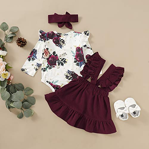 Baby Girl Newborn Outfits 6 Months Girl Clothes Floral Long Sleeve Jumpsuit Burgundy Ruffle Suspender Skirt Toddler Overall Dress 0-6 Months