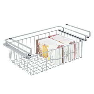 mdesign large metal wire hanging pullout drawer basket - sliding under shelf storage organizer - attaches to shelving - easy install - silver