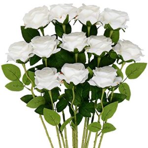 mocoosy 12 pcs rose artificial flowers, white silk roses with stems realistic fake rose flower bouquets for wedding arrangement centerpieces party home table decorations