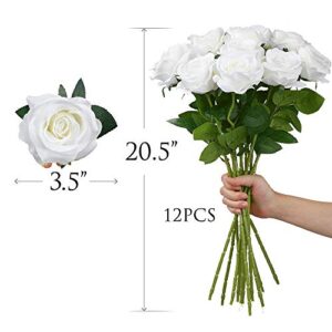 Mocoosy 12 PCS Rose Artificial Flowers, White Silk Roses with Stems Realistic Fake Rose Flower Bouquets for Wedding Arrangement Centerpieces Party Home Table Decorations