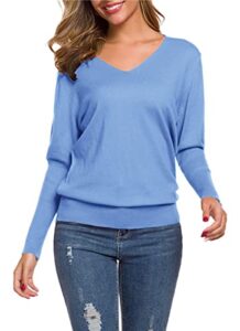 women's long sleeves v neck cashmere blend sweater, batwing sleeves women tops fall sweaters, x01 v neck bat sleeve blue, us large = tag 4xl