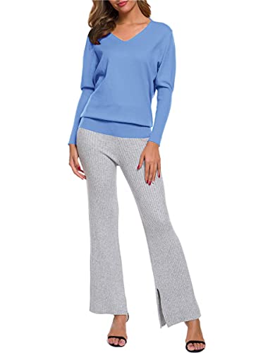 Women's Long Sleeves V Neck Cashmere Blend Sweater, Batwing Sleeves Women Tops Fall Sweaters, X01 V Neck Bat Sleeve Blue, US Large = Tag 4XL