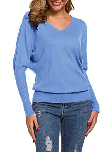 Women's Long Sleeves V Neck Cashmere Blend Sweater, Batwing Sleeves Women Tops Fall Sweaters, X01 V Neck Bat Sleeve Blue, US Large = Tag 4XL