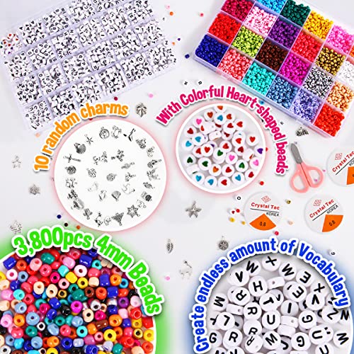 Goody King Bracelet Making Kit Friendship Bracelet Kit Jewelry Making Beads - 5000+pcs Bead Craft Kit Set, Glass Pony Seed Letter Alphabet DIY Art and Craft - Gift for Her Women Kid Age 6 7 8 9 (4mm)