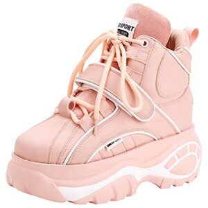 anufer women's goth punk high top platform chunky sneakers lace up wedgel heel dad shoes pink sn02924 us7.5