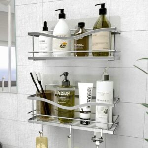 kincmax shower shelves 2-pack - self adhesive caddy with 4 hooks - no drill large capacity stainless steel wall shelf - aesthetic organizer for inside bathroom - polished silver