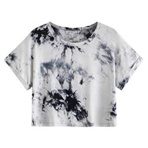 SweatyRocks Women's Round Neck Short Sleeve Casual Tie Dye Crop Top T-Shirt Grey XS