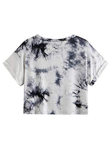 SweatyRocks Women's Round Neck Short Sleeve Casual Tie Dye Crop Top T-Shirt Grey XS