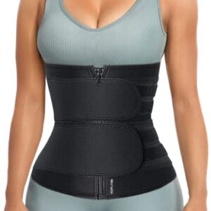 HOPLYNN Sweat Waist Trainer for Women Two Belts, Neoprene Workout Corset Waist Trainer Cincher Trimmer Shaper Zipper Black Small