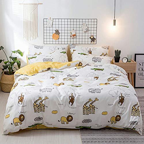 BlueBlue Safari Kids Duvet Cover Set 100% Cotton Bedding for Boys Girls Teens Single Bed Cartoon Lion Elephant Giraffe Monkey Crocodile Pattern Cream White 1 Comforter Cover 2 Pillowcase (Twin, Zoo)