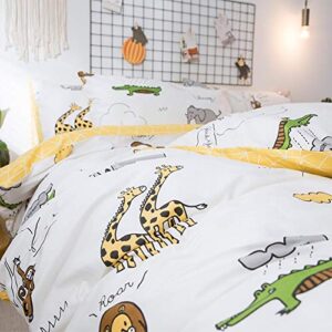 BlueBlue Safari Kids Duvet Cover Set 100% Cotton Bedding for Boys Girls Teens Single Bed Cartoon Lion Elephant Giraffe Monkey Crocodile Pattern Cream White 1 Comforter Cover 2 Pillowcase (Twin, Zoo)