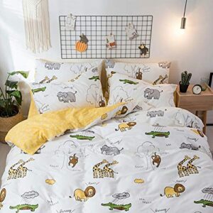 BlueBlue Safari Kids Duvet Cover Set 100% Cotton Bedding for Boys Girls Teens Single Bed Cartoon Lion Elephant Giraffe Monkey Crocodile Pattern Cream White 1 Comforter Cover 2 Pillowcase (Twin, Zoo)