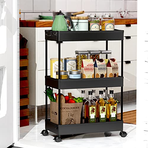 SPACEKEEPER Storage Rolling Cart 3 Tier, Laundry Room Organization Bathroom Cart Organizer Utility Mobile Shelving Unit Multi-Functional Shelves for Office, Kitchen, Black