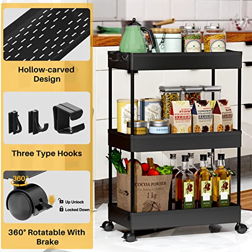 SPACEKEEPER Storage Rolling Cart 3 Tier, Laundry Room Organization Bathroom Cart Organizer Utility Mobile Shelving Unit Multi-Functional Shelves for Office, Kitchen, Black