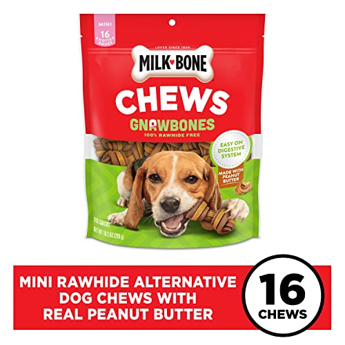 Milk-Bone Chews GnawBones Rawhide Free Dog Treats, Peanut Butter & Chicken, 16 Long Lasting Mini Knotted Bones