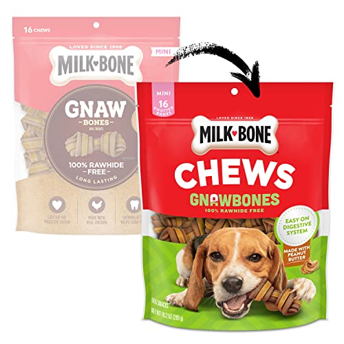 Milk-Bone Chews GnawBones Rawhide Free Dog Treats, Peanut Butter & Chicken, 16 Long Lasting Mini Knotted Bones