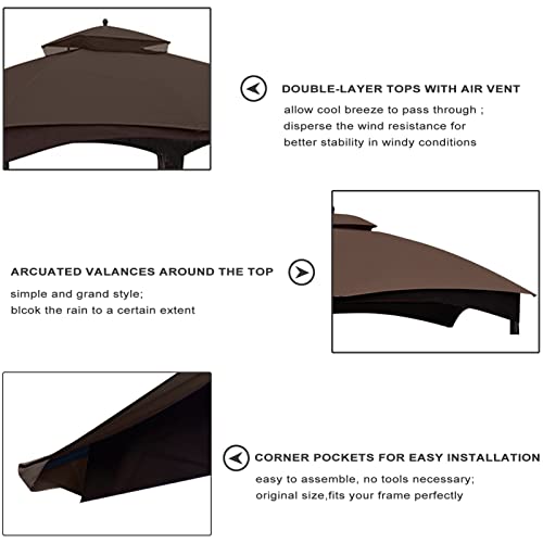 Eurmax USA High Performance Replacement Canopy Top for Lowe's Allen Roth Heavy Duty Gazebo Roof Gazebo Top with Air Vent 10X12 Gazebo Cover #GF-12S004B-1, Replacement Top Only（Brown）