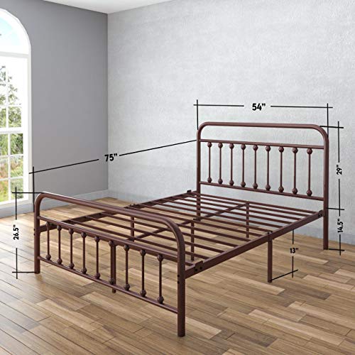 AMBEE21 Vintage Full Metal Bed Frame with Headboard and Footboard Platform/Wrought Iron/Heavy Duty/Solid Sturdy Metal Slat/Rustic Brown/No Box Spring Needed/Industrial & Farmhouse