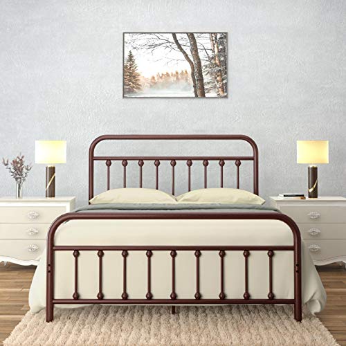 AMBEE21 Vintage Full Metal Bed Frame with Headboard and Footboard Platform/Wrought Iron/Heavy Duty/Solid Sturdy Metal Slat/Rustic Brown/No Box Spring Needed/Industrial & Farmhouse