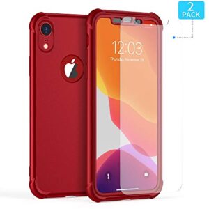 ORETECH Designed for iPhone XR Case, with[2 x Tempered Glass Screen Protector] 360 Full Body Shockproof Anti Scratch Protection Cover Hard PC Soft Rubber Silicone Case for iPhone XR 6.1'' 2018 Red