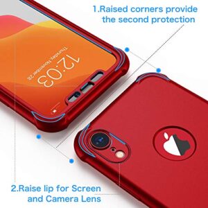 ORETECH Designed for iPhone XR Case, with[2 x Tempered Glass Screen Protector] 360 Full Body Shockproof Anti Scratch Protection Cover Hard PC Soft Rubber Silicone Case for iPhone XR 6.1'' 2018 Red