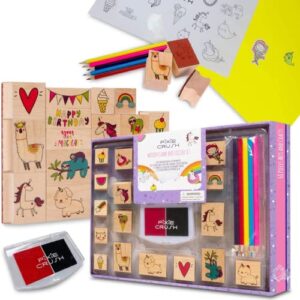 pixiecrush assorted 38 piece wooden stamps for kids | arts and crafts activities with our signature animal -themed stickers set for kids, boys and girls toddlers, ages 4 5 6 7 8 9 10 years old