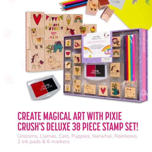 PixieCrush Assorted 38 Piece Wooden Stamps for Kids | Arts and Crafts Activities with Our Signature Animal -Themed Stickers Set for Kids, Boys and Girls Toddlers, Ages 4 5 6 7 8 9 10 Years Old