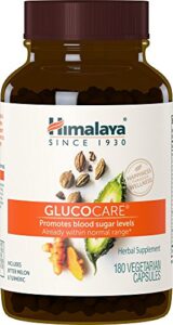 himalaya glucocare herbal supplement, glucose metabolism, pancreatic support, triphala, bitter melon, turmeric, gluten free, vegan, 180 capsules, 45 day supply
