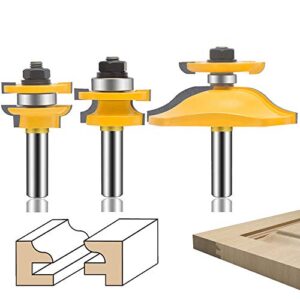 leatbuy router bit set 1/2-inch shank 3 pcs, round over raised panel cabinet door ogee rail and stile router bits, woodworking wood cutter, wood carbide tool(1/2-double side)