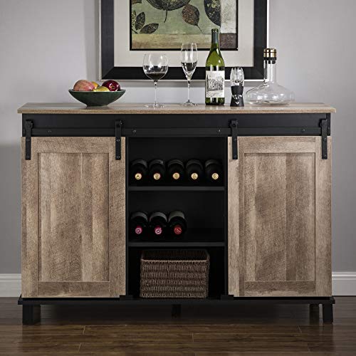 glitzhome Rustic Wine Cabinet with Storage 3-Sections Wood Bar Cabinet with Wine Storage Home Bar Liquor Alcohol Corner Cabinet with Barn Doors Wine Display Sideboard for Kitchen Dining Room, 47.2”L