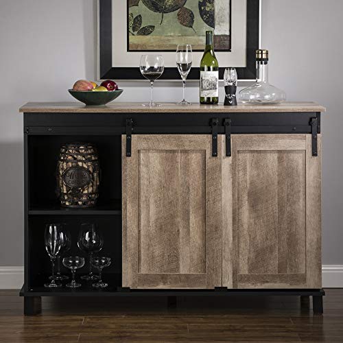 glitzhome Rustic Wine Cabinet with Storage 3-Sections Wood Bar Cabinet with Wine Storage Home Bar Liquor Alcohol Corner Cabinet with Barn Doors Wine Display Sideboard for Kitchen Dining Room, 47.2”L