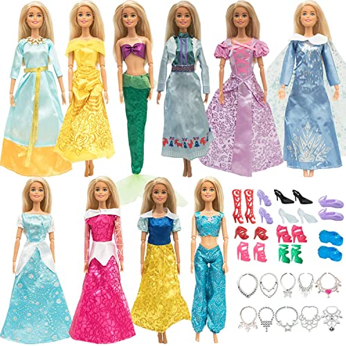 ONEST 30 Pieces Princess Doll Clothes and Accessories for 11.5 Inch Girl Doll Include 10 Pieces Princess Dresses, 10 Pairs Shoes and 10 Pieces Necklaces - Litter Girls Gift