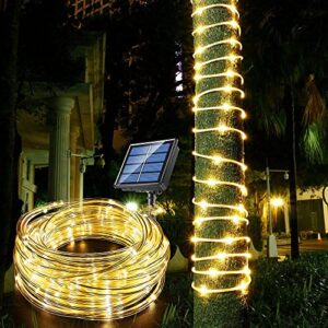 solar rope light 33ft 100l ip65 waterproof outdoor led copper fairy string tube lights for party garden porch yard home wedding christmas halloween holiday tree decoration lighting (warm white)