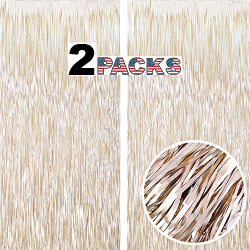 Champagne Gold Backdrop Curtains -6.5x9.8 feet, Pack of 2 | LILF Matte Foil Fringe Curtain Tinsel Streamers Backdrop with Non-Marking Tape for Birthday Bachelorette Party Decoration Photo Booth Props