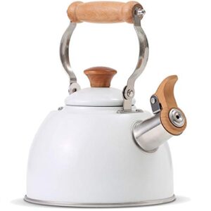 rockurwok whistling tea kettle, 1.6 qt / 50 oz, white teapot, universal base for induction | gas | electric | halogen | radiant, wooden handle, vintage