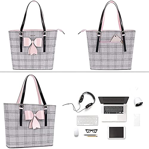 MOSISO Laptop Tote Bag Compatible with MacBook Air 15 inch M2 A2941 2023/Pro 16 inch 2023-2019,15-15.6 inch Notebook, PU Leather Large Capacity Work Bag Travel Shoulder bag with Grid MO-GID002LTBR