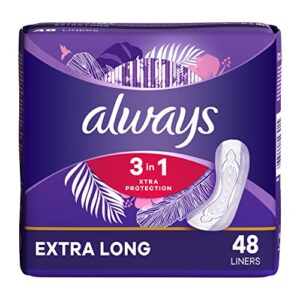 always 3-in-1 xtra protection, daily liners for women, extra long, with leakguard + rapid dry, deodorizing, 48 count x 3 packs (144 count total)