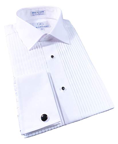 Sir Gregory Men's Regular Fit Tuxedo Shirt 100% Cotton Laydown Collar French Cuff 1/4 Inch Pleat 16.5 Neck 32/33 Sleeve White