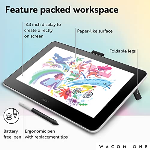 Wacom One HD Creative Pen Display, Drawing Tablet With Screen, 13.3" Graphics Monitor; includes Training & Software, works with Mac, PC & Chromebook, photo/video editing, drawing, design, & education