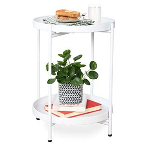 funme white folding end table 2-tier metal round side table with removable tray for living room,(15.2”dx20”h)
