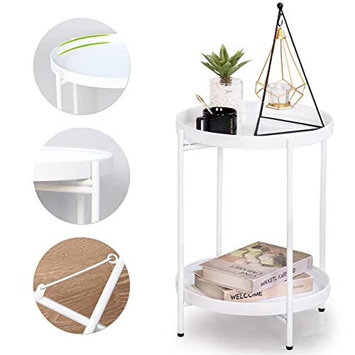 FUNME White Folding End Table 2-Tier Metal Round Side Table with Removable Tray for Living Room,(15.2”Dx20”H)