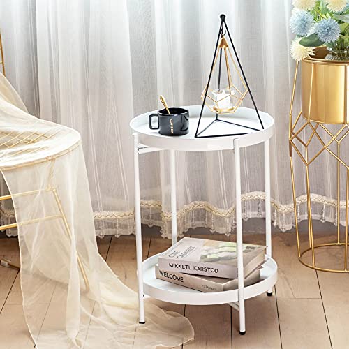 FUNME White Folding End Table 2-Tier Metal Round Side Table with Removable Tray for Living Room,(15.2”Dx20”H)