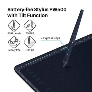 HUION HS611 Graphics Drawing Tablet Android Supported Pen Tablet Tilt Function Battery-Free Stylus 8192 Pen Pressure with 8 Multimedia Keys 10 Express Keys and Touch Strip(Starry Blue)