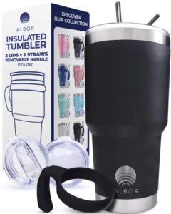 albor insulated tumbler with lid and straw - 30 oz insulated coffee mug with handle, travel coffee mug, triple insulated technology with 2 lids, 2 metal straw, brush and storage bag, black