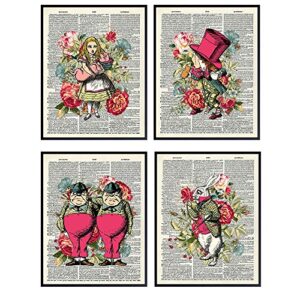 alice wonderland decorations - 8x10 vintage shabby chic picture poster set, home wall art decor - girl bedroom, kid room, nursery - cool unique affordable gift - unframed photo set